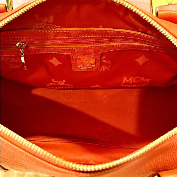 MCM Tangerine Pebbled Leather Satchel With Striking Gold Accents - Picture 8 of 12